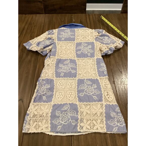 Sofie the Label Sydney Blue Knit Patchwork Mini Dress Collared Puff Sleeve S - Picture 3 of 10